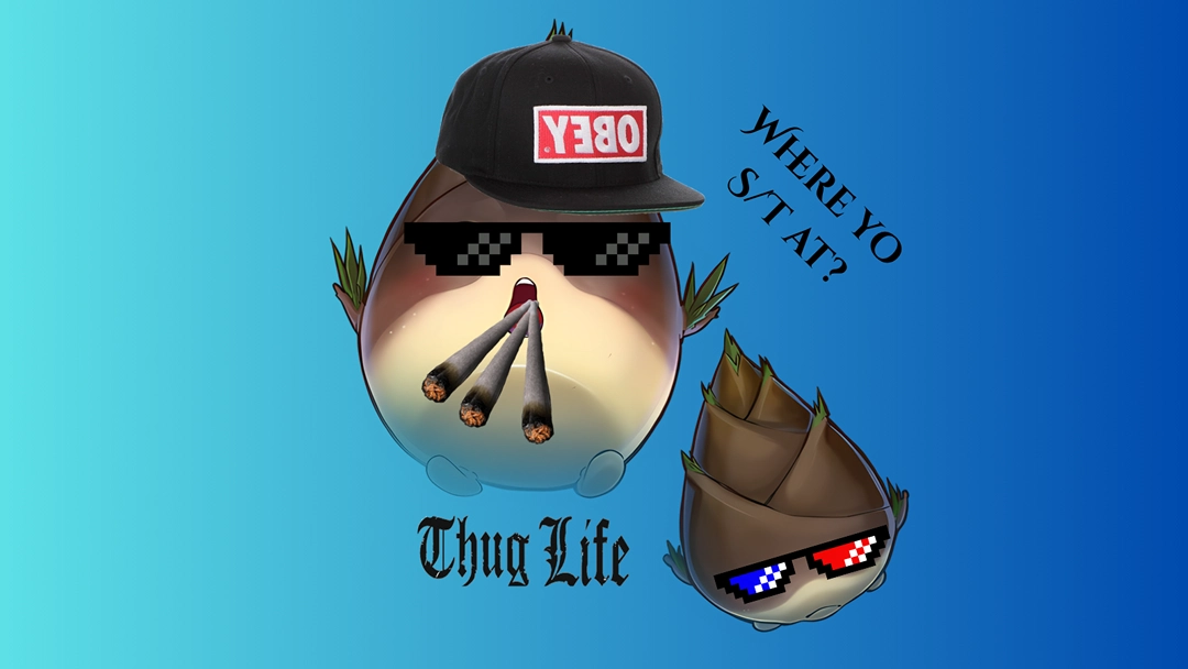 The art for the card Naturia Bamboo Shoot styled with the old time style of MLG dank memes.